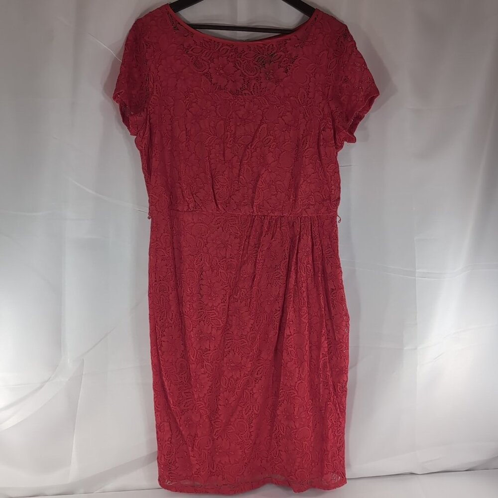 Adrianna Papell Dress 14 Red Lace Short Sleeve Knee Length Party Cocktail Formal